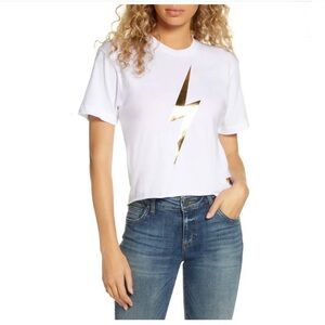 Aviator Nation Bolt Crop Tee Raw Edge Hem White / Metallic Gold